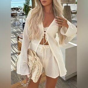Tie Front Long Sleeve Top and Shorts Set